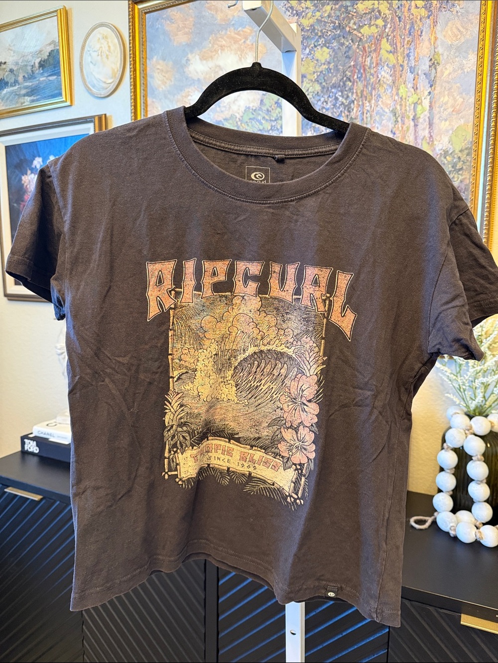 Rip Curl Black Graphic Wave Tee with Faded Surf Print